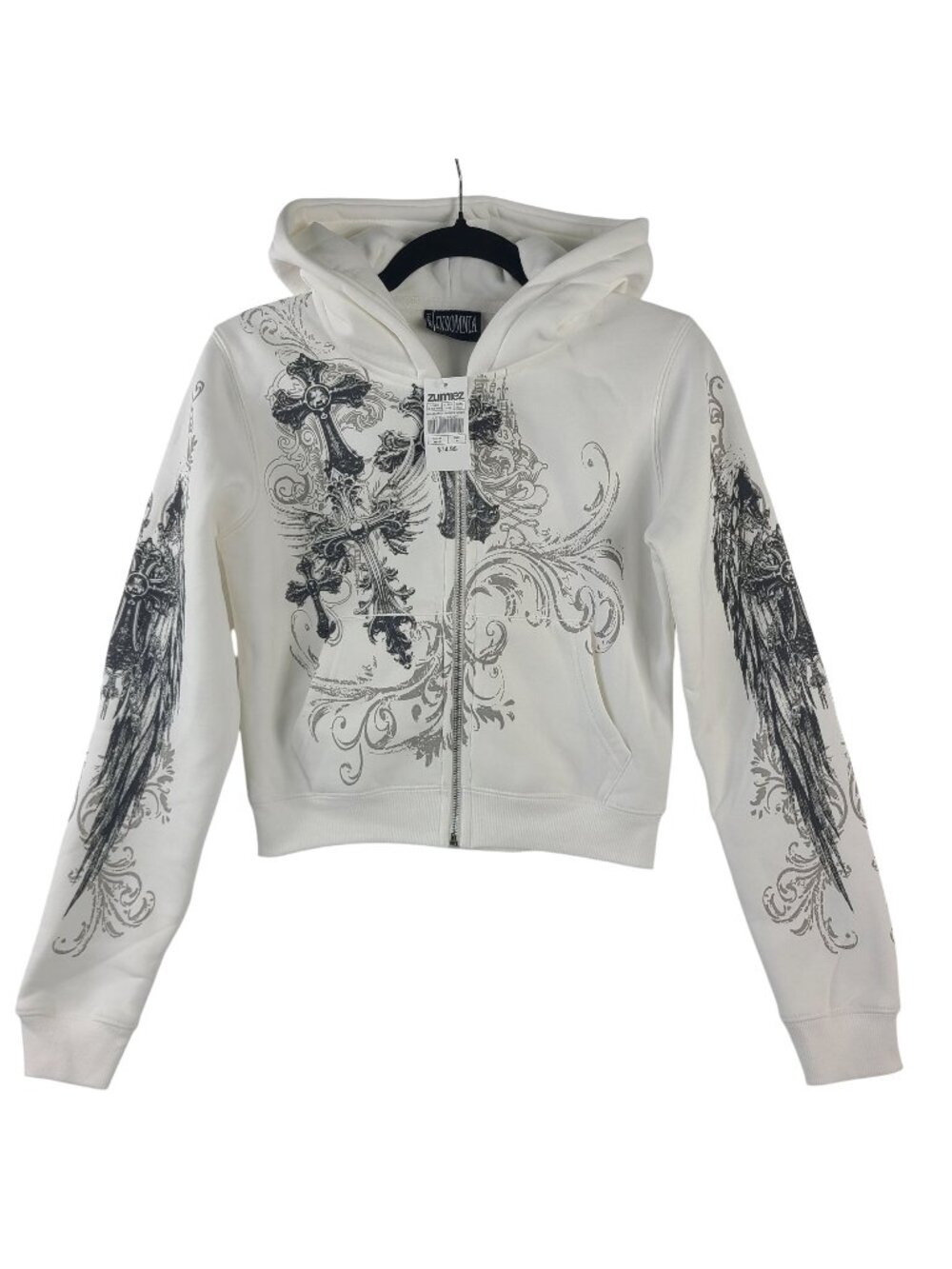 Insomnia IV Elegance White Cropped Hoodie Black Cross & Scroll Graphics Sz M